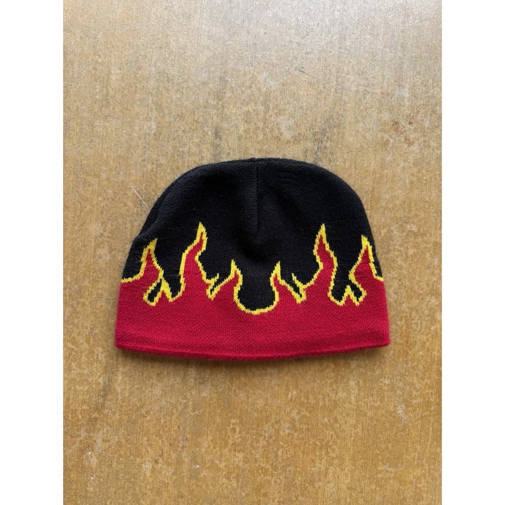 VTG 90s 2000s Acrylic Snow Beanie Flames Skater Surfer Y2K (Small)